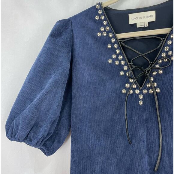 Sachin & Babi Tripp Corduroy Mini Dress Navy Blue Studded Leather Trim Small - Picture 6 of 11